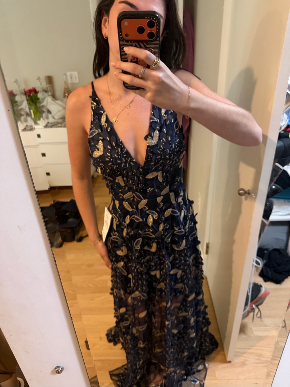 Xscape Navy Maxi Dress with Gold Floral Appliqué